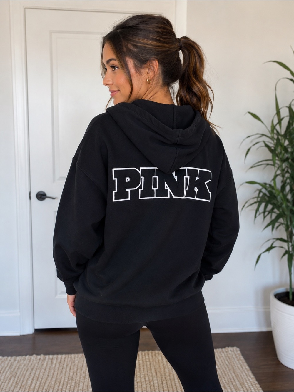 Victoria’s Secret PINK Black Hoodie Medium Pullover Sweatshirt